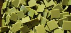 Close-up of a Bright Green Vitreous Mosaic Tile, showcasing its vivid green shade, glossy vitreous finish, and precise 2cm x 2cm x 4mm dimensions—available at The Mosaic Mall Australia.